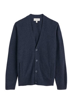 Navy wool cardigan with a V-neck, button-up front, two front pockets, ribbed cuffs, and hem. Soft texture and classic design.