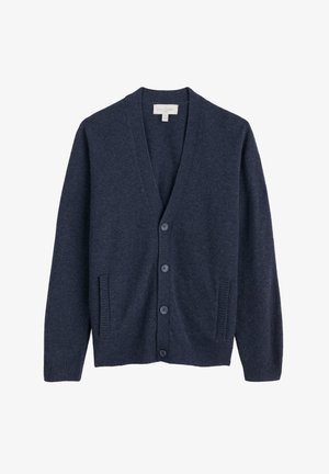 Cardigan in lana navy con scollo a V, chiusura a bottoni, due tasche frontali, polsini e orlo a costine. Tessuto morbido e design classico.