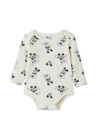 Langärmliger Baby-Body in Creme mit einem monochromen Mickey-Mouse-Druck. Aus weichem Baumwollmaterial mit Druckknöpfen am Boden.