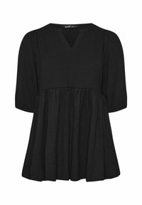 Tunic nera con scollo a V, maniche a tre quarti e vita arricciata, realizzata in tessuto strutturato con una silhouette fluida.