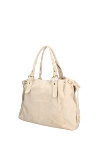 Borsa in camoscio beige con doppio manico, dettagli in metallo dorato e chiusura con coulisse. Texture morbida e forma strutturata.