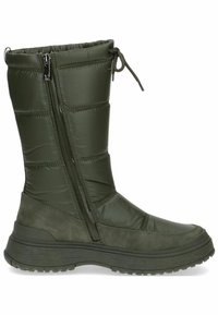 Botas impermeables verdes con un diseño acolchado, cremallera lateral y suela de goma texturizada. Presentan un borde fruncido para un ajuste ajustable.