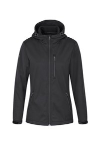 Giacca softshell nera con cappuccio, due tasche laterali, una tasca sul petto con zip e polsini regolabili. Tessuto liscio e strutturato.