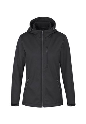Zwarte softshell jas met een capuchon, twee zijzakken, een met rits sluitende borstzak en verstelbare manchetten. Gladde, gestructureerde stof.