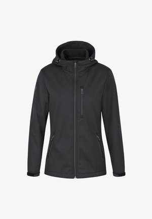 Giacca softshell nera con cappuccio, due tasche laterali, una tasca sul petto con zip e polsini regolabili. Tessuto liscio e strutturato.