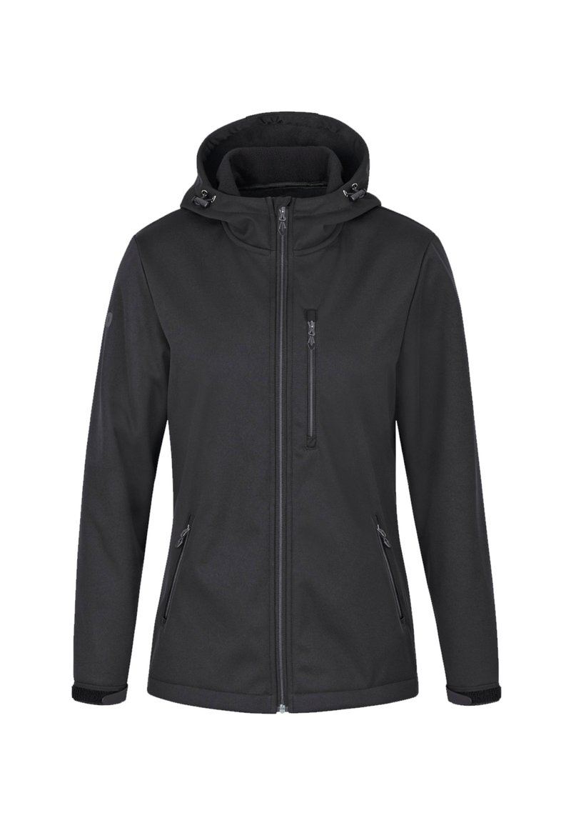 Giacca softshell nera con cappuccio, due tasche laterali, una tasca sul petto con zip e polsini regolabili. Tessuto liscio e strutturato.
