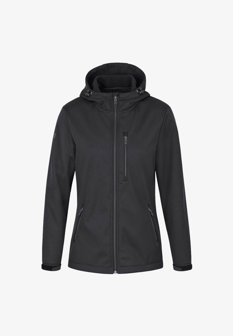 Black softshell jacket featuring a hood, two side pockets, a zippered chest pocket, and adjustable cuffs. Smooth, textured fabric.