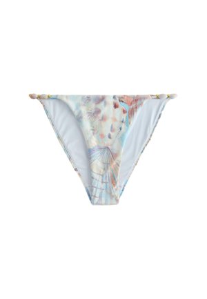 Dół od kostiumu kąpielowego typu bikini z pastelowym wzorem muszelek i koralowców oraz małymi złotymi koralikami na bocznych paskach.