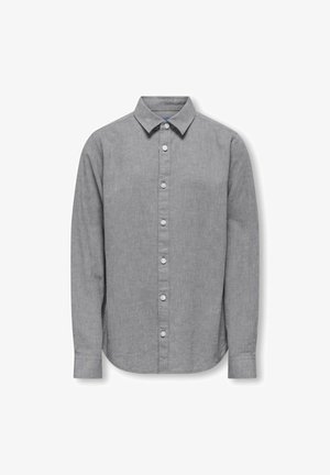 Camicia a maniche lunghe, con bottoni, in tessuto grigio chiaro con una leggera texture, colletto a punta e bottoni bianchi lungo la parte anteriore.