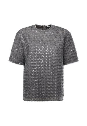 Grijs T-shirt met korte mouwen en een ronde hals, versierd met een rasterpatroon van glanzende pailletten en kralen, met het label "ROTATE" bij de kraag.
