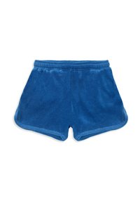 Blå frottéshorts med elastisk talje og afrundede kantkanter, designet til afslappet eller atletisk brug.
