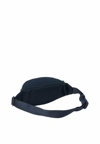 Borsa in vita nera in tessuto, con una texture liscia, forma curva e tracolla regolabile. Presenta un accento verde e chiusura con zip.