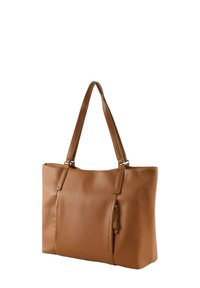Bolso tote de cuero marrón con superficie texturizada, dos asas y un bolsillo exterior con cremallera. Forma rectangular, construcción robusta.