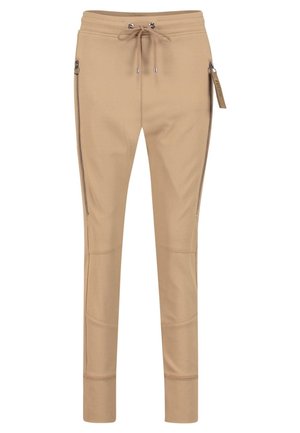 Beige Slim-Fit-Hose mit vorderem Kordelzug am Bund, vertikalen seitlichen Reißverschlüssen und gesteppten Kniedetails, präsentiert vor weißem Hintergrund.
