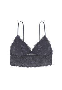 Lace bralette in dark gray with triangular cups, adjustable spaghetti straps, and floral pattern along the edges. Soft texture.