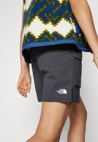 Harmaat cargo-shorts, jotka on valmistettu kevyestä materiaalista, sivutaskut ja valkoinen "The North Face" -logo helman lähellä.