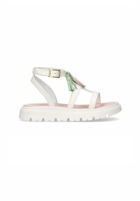 Witte leren sandalen met een chunky zool, voorzien van bandaccenten in groen en roze, en een gouden gesp voor aanpassing. Geprofileerde voetbed.