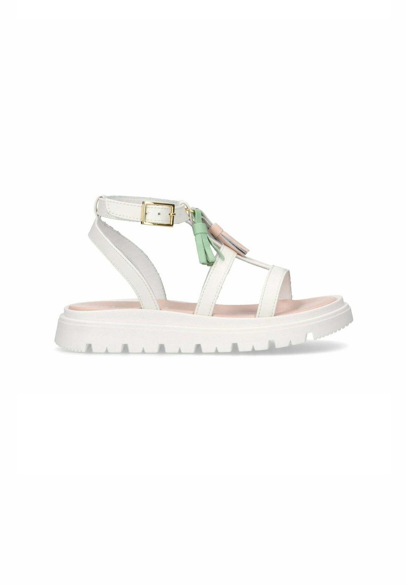 Witte leren sandalen met een chunky zool, voorzien van bandaccenten in groen en roze, en een gouden gesp voor aanpassing. Geprofileerde voetbed.