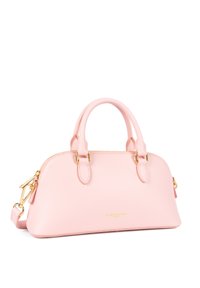 Borsa a tracolla in pelle rosa con hardware dorato, doppio manico superiore e tracolla rimovibile. Presenta una superficie testurizzata e chiusura con zip.