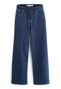 Pantalon en denim à jambes larges de couleur bleu foncé avec une taille élastique, une fermeture à cordon de serrage, et des poches avant. Texture lisse et coupe décontractée.