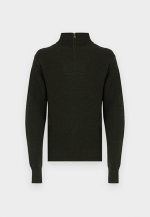 Dunkelgrüner, gestrickter Pullover mit hohem Kragen, gerippten Bündchen und einem halben Reißverschluss auf der Rückseite. Glatte Textur und figurbetontes Design.