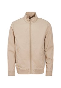 Beige Jacke mit Stehkragen, frontalem Reißverschluss und zwei seitlichen Taschen. Hergestellt aus einem glatten Stoff mit einem lässigen Design.