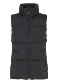 Zwarte puffer-vest met hoge kraag, ritssluiting aan de voorkant, doorgestikt design en zijzakken. Gemaakt van glad, lichtgewicht stof.