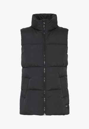 Svart vattert vest med høy krage, frontglidelås, quiltet design og sidelommer. Laget av glatt, lett stoff.