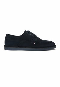 Men's black suede lace-up casual shoe with low sole and subtle logo details on the side and near the laces.