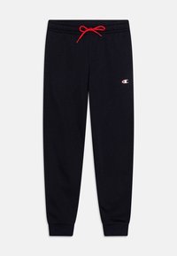 Pantaloni della tuta navy realizzati in tessuto morbido, con cordoncino rosso, vita elasticizzata, polsini a coste e un piccolo logo sulla coscia sinistra.