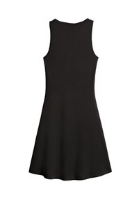Robe noire sans manches avec une texture côtelée, un col rond et une silouhette évasée. Tissu lisse sans quincaillerie ni accents visibles.