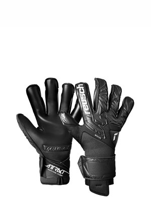 Schwarze Torwarthandschuhe mit Handgelenkriemen, strukturierter Handfläche und Rückseite sowie Reusch-Logo auf den Fingern und am Handgelenk.