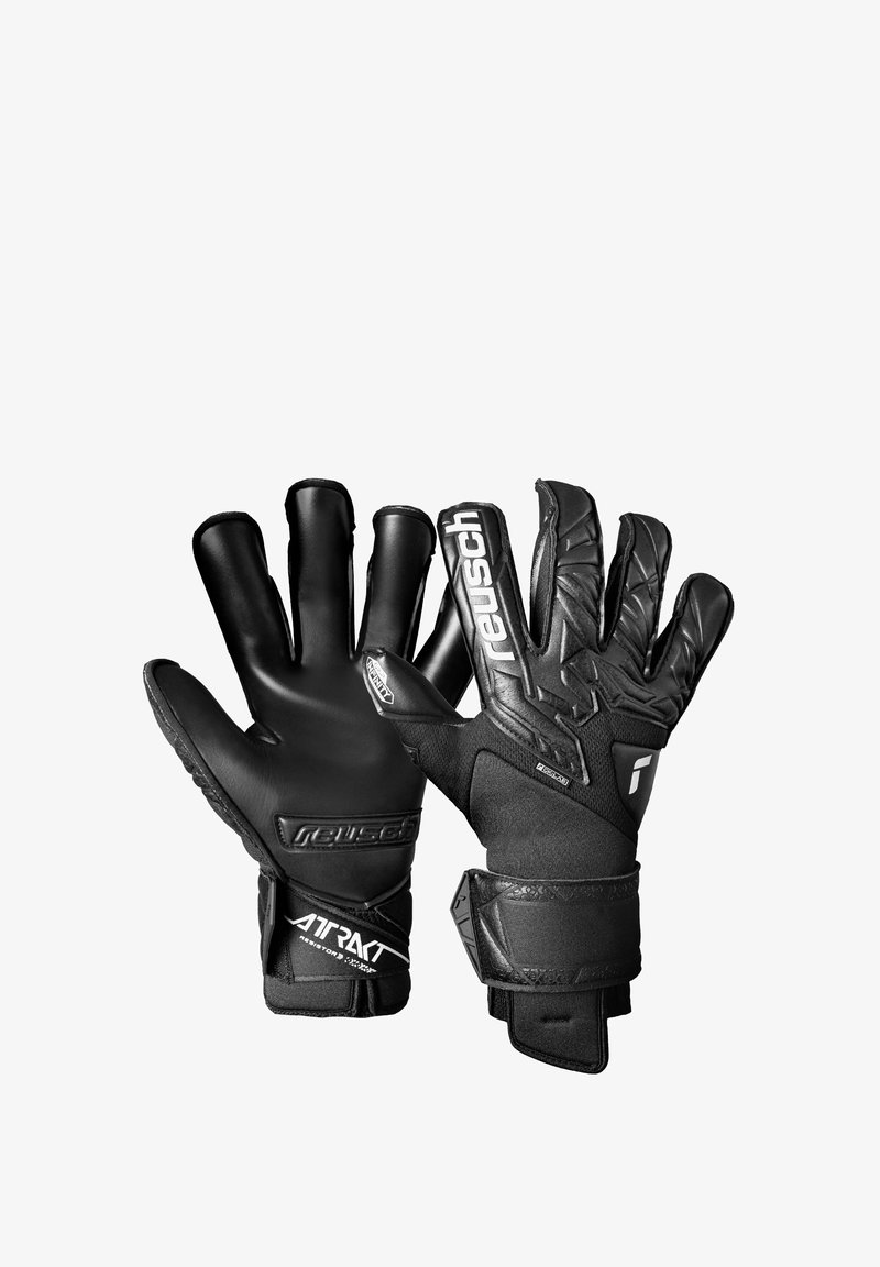 Black goalkeeper gloves with wrist straps, textured palm and backhand, and Reusch branding on fingers and wrist.