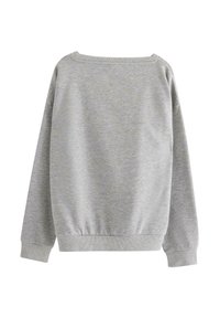 Grå sweatshirt lavet af blødt stof, med en bred udskæring, lange ærmer, elastisk kant og ribbede manchetter. Enkel og uudstyret design.
