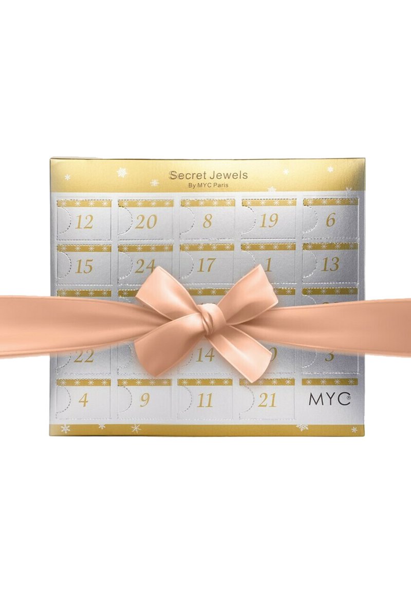 Calendario dell'avvento con foglia d'argento, decorazioni dorate e aperture numerate. Legato con un morbido fiocco di un leggero rosa chiaro per la chiusura.