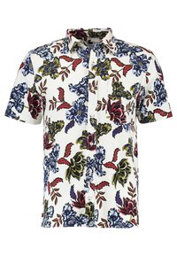 Camicia a maniche corte in tessuto bianco con un audace motivo floreale in rosso, blu e verde, con colletto button-down e dettaglio tasca.