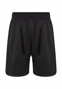 Shorts sportivi neri realizzati in tessuto a rete traspirante. Presentano una vita elastica e una vestibilità ampia per comfort e libertà di movimento.