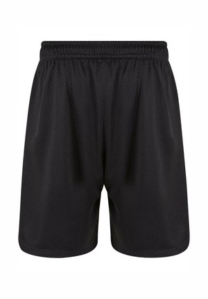Black athletic shorts made of breathable mesh fabric. Features an elastic waistband and a loose fit for comfort and mobility.