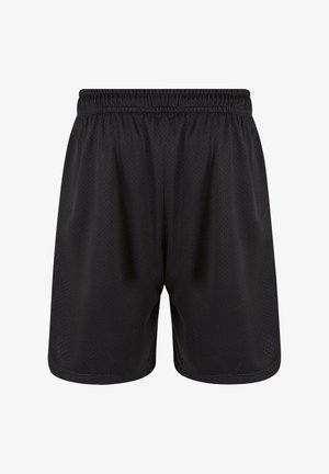 Black athletic shorts made of breathable mesh fabric. Features an elastic waistband and a loose fit for comfort and mobility.