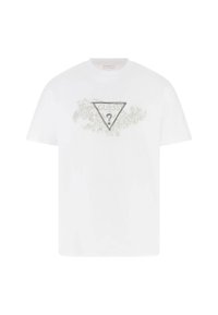 Hvid bomulds T-shirt med korte ærmer, der har et trekantet logo-design og intrikate grå blomsterdetaljer på forsiden.
