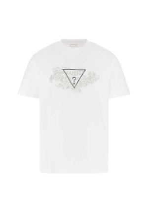 Vit bomulls-t-shirt med korta ärmar, med en triangulär logotypdesign och intrikata grå blommönster på framsidan.