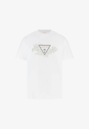 T-shirt bianco in cotone a maniche corte, con un design del logo triangolare e complessi accenti floreali grigi sulla parte anteriore.