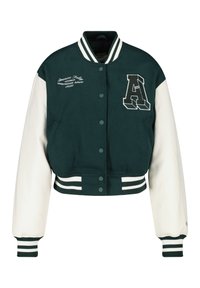 Vihreävartinen ja valkohihaisin lyhennetty yliopistojakku. Siinä on raidalliset resorikahvat, kirjailtu logo ja nepparikiinnitys.