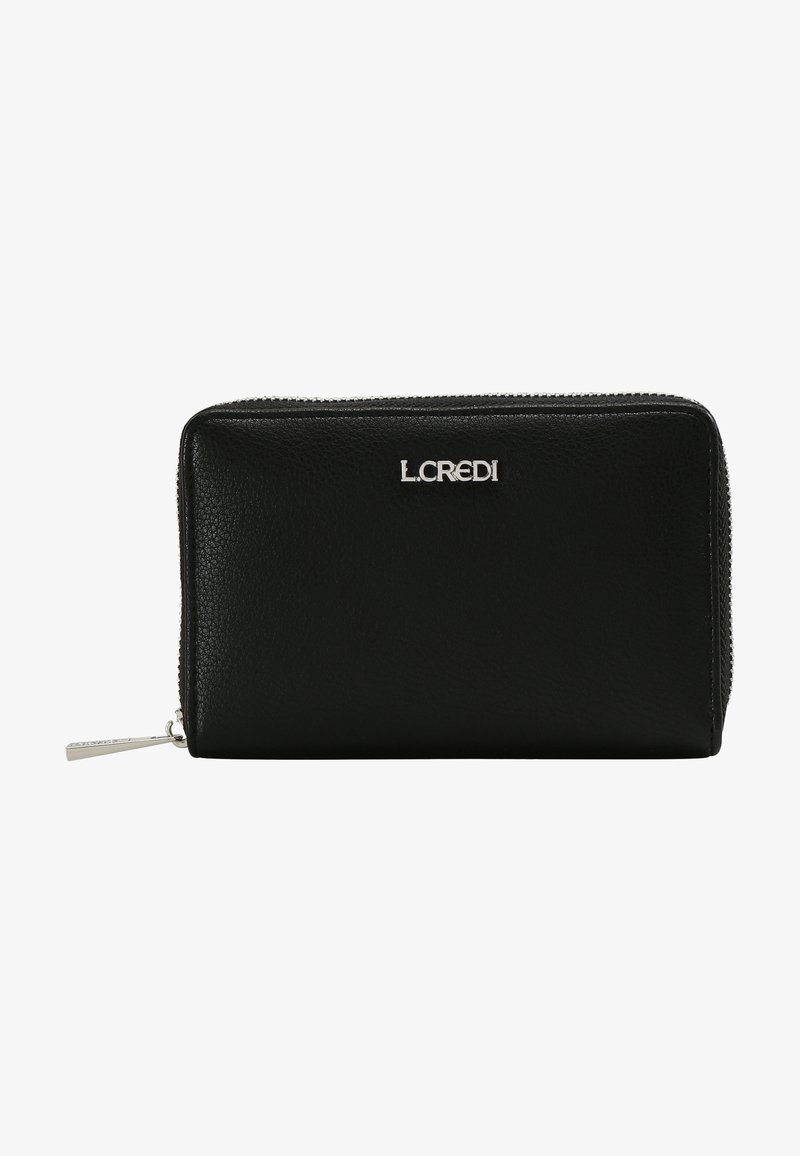 Black leather wallet with a textured finish, featuring a silver zipper and logo accent on the front, rectangular shape with a compact design.