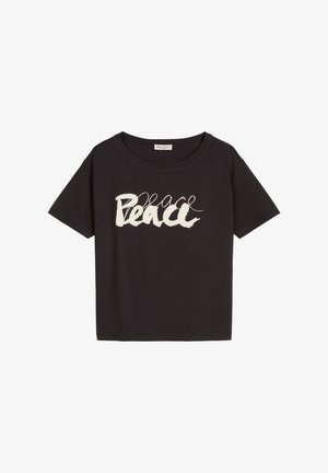 Black cotton t-shirt with a loose fit and short sleeves. Features "Peace" in white cursive text across the front. Soft texture, simple design.
