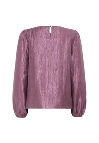 Lila strukturierte Bluse mit langen Ärmeln, die einen hohen Ausschnitt und eine kleine Schlüsselöffnung am Rücken hat. Glattes, leichtes Material.