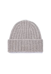 Berretto a maglia in un beige chiaro con texture a costine, risvolto e leggera variazione di colore. Realizzato in morbido filato spesso per garantire calore.