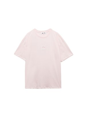 Roze katoenen t-shirt met een ontspannen pasvorm. Korte mouwen, ronde halslijn en een klein geborduurd cartoon-octopusje op de voorkant.