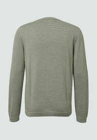 Lichtgroene gebreide trui met lange mouwen, ronde halslijn en subtiele horizontale strepen. Gladde textuur en geribbelde zoomdetails.