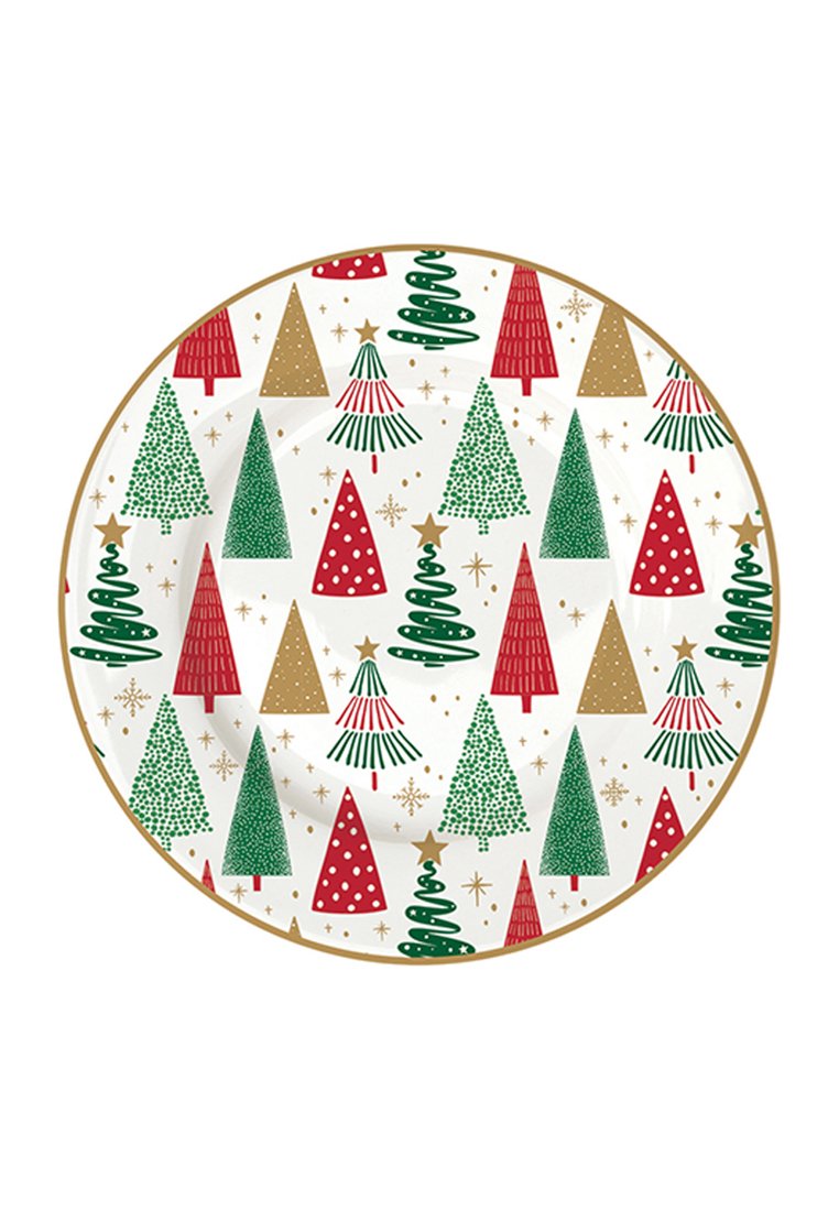 Piatto ceramico rotondo con sfondo bianco decorato con motivi di alberi di Natale verdi, rossi e dorati, arricchito da stelle e spirali.